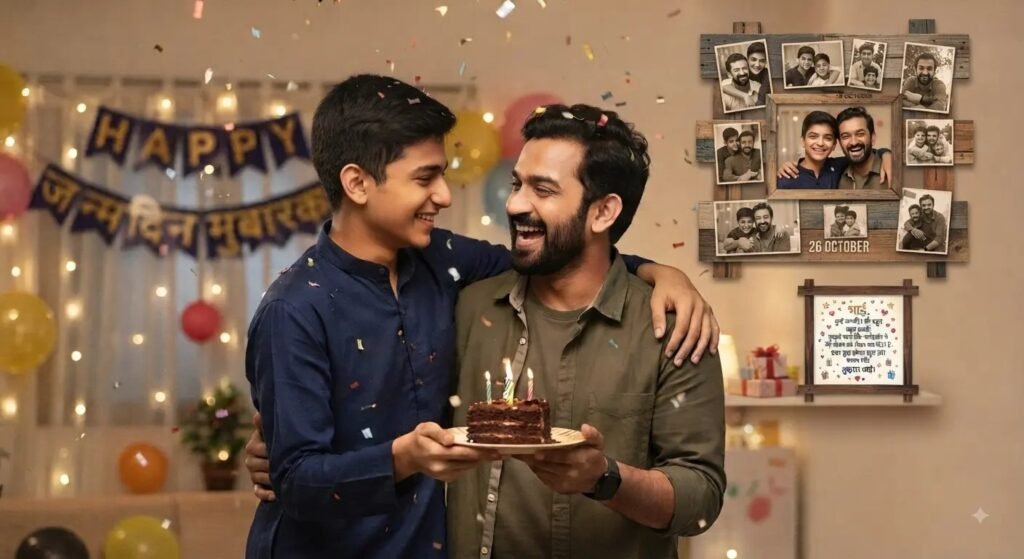 Happy birthday celebration with a father and son holding a birthday cake together
