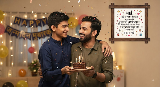Happy birthday wishes for a brother in Hindi with a birthday cake, balloons, gifts, and two brothers celebrating together